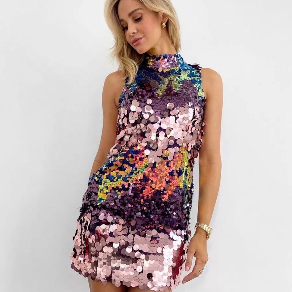 Sequin Stripe High Neck Mini Dress